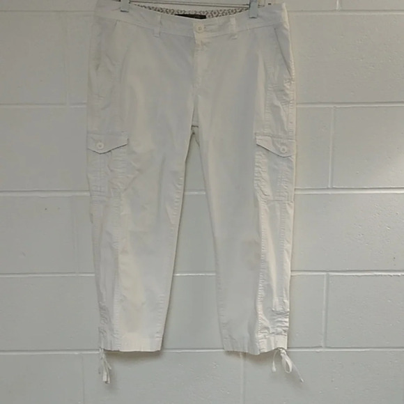 EDDIE BAUER WHITE COTTON STRETCH CARGO CROPPED PANTS DRAWSTRING LEG - Picture 1 of 8